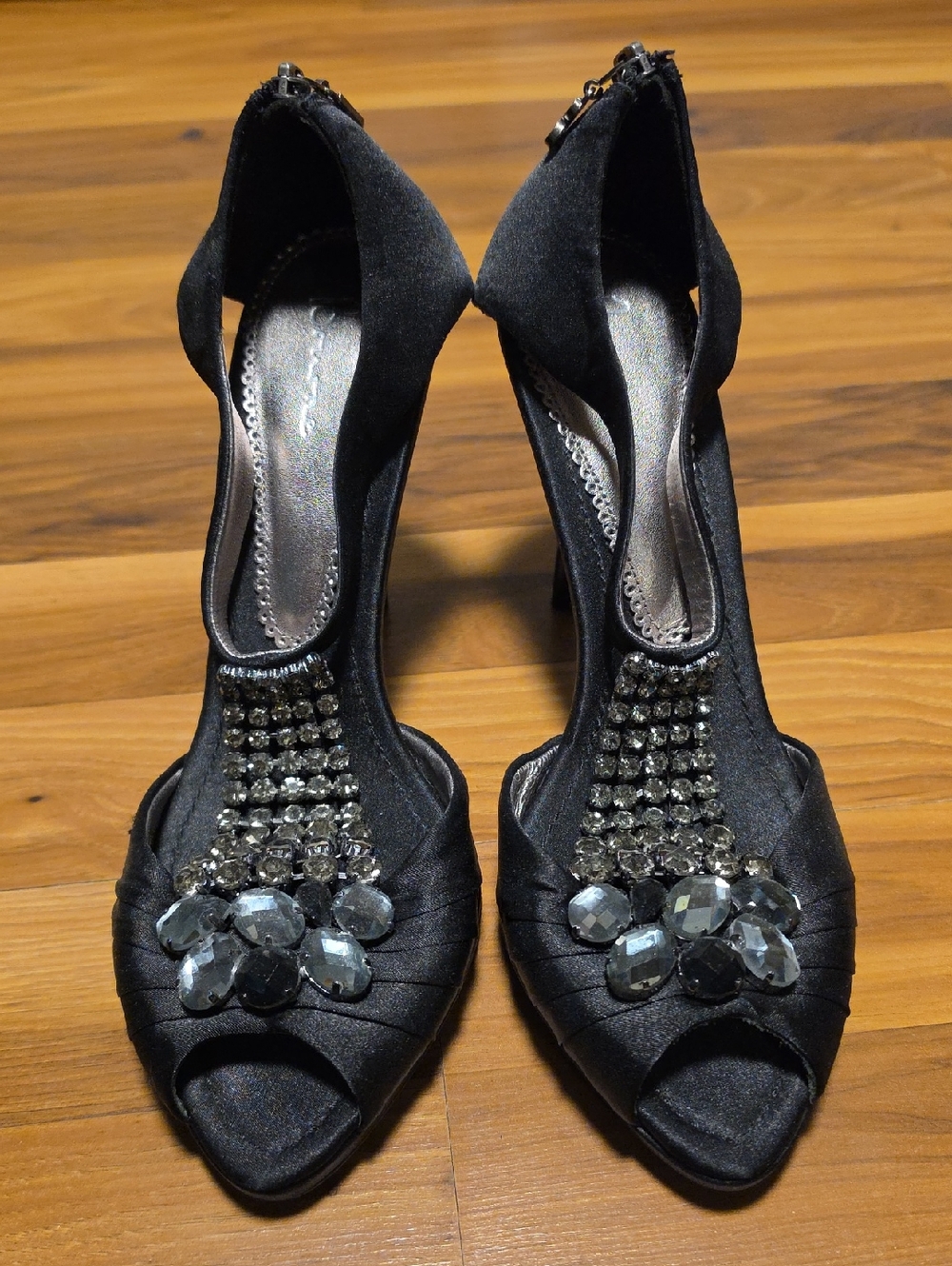 Black Embellished Peep-Toe Heels